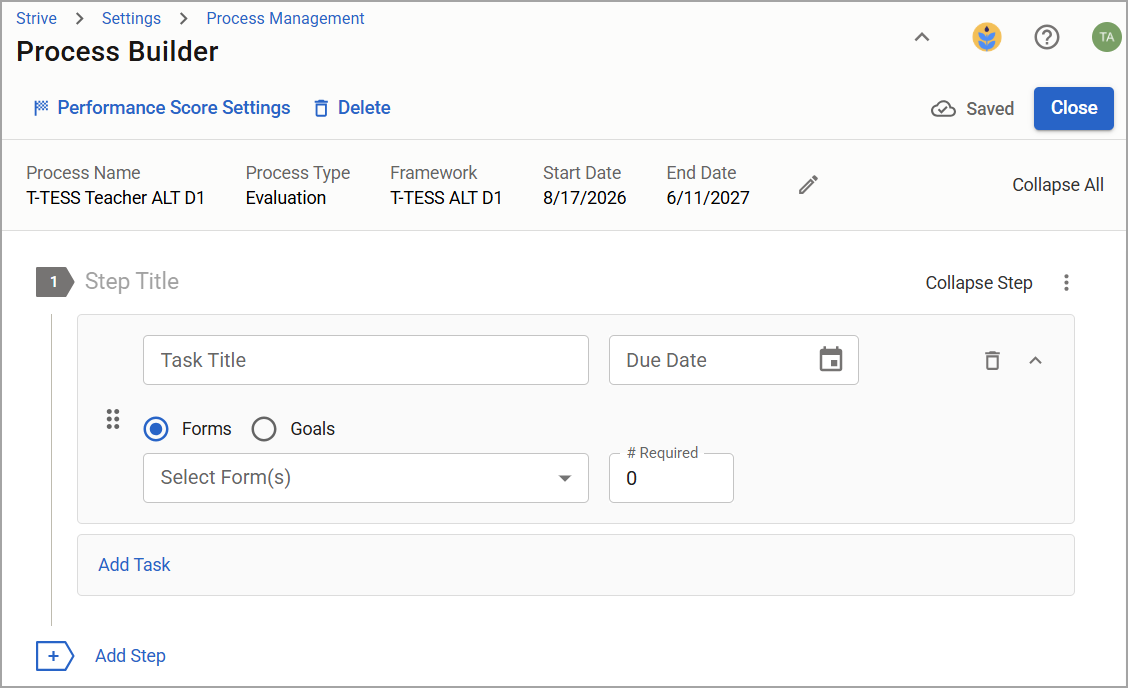 Process Builder interface showing evaluation settings, steps, and tasks for T-TESS Teacher ALT D1.